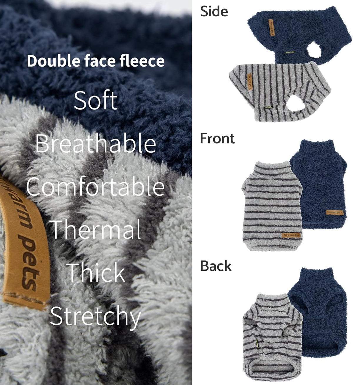 Fitwarm 2 Pack Striped Fleece Dog Sweater, Warm Winter Dog Clothes for Small Dogs Boy Girl, Fuzzy Pet Outfit, Doggy Pullover Jumper, Grey, Navy, Small