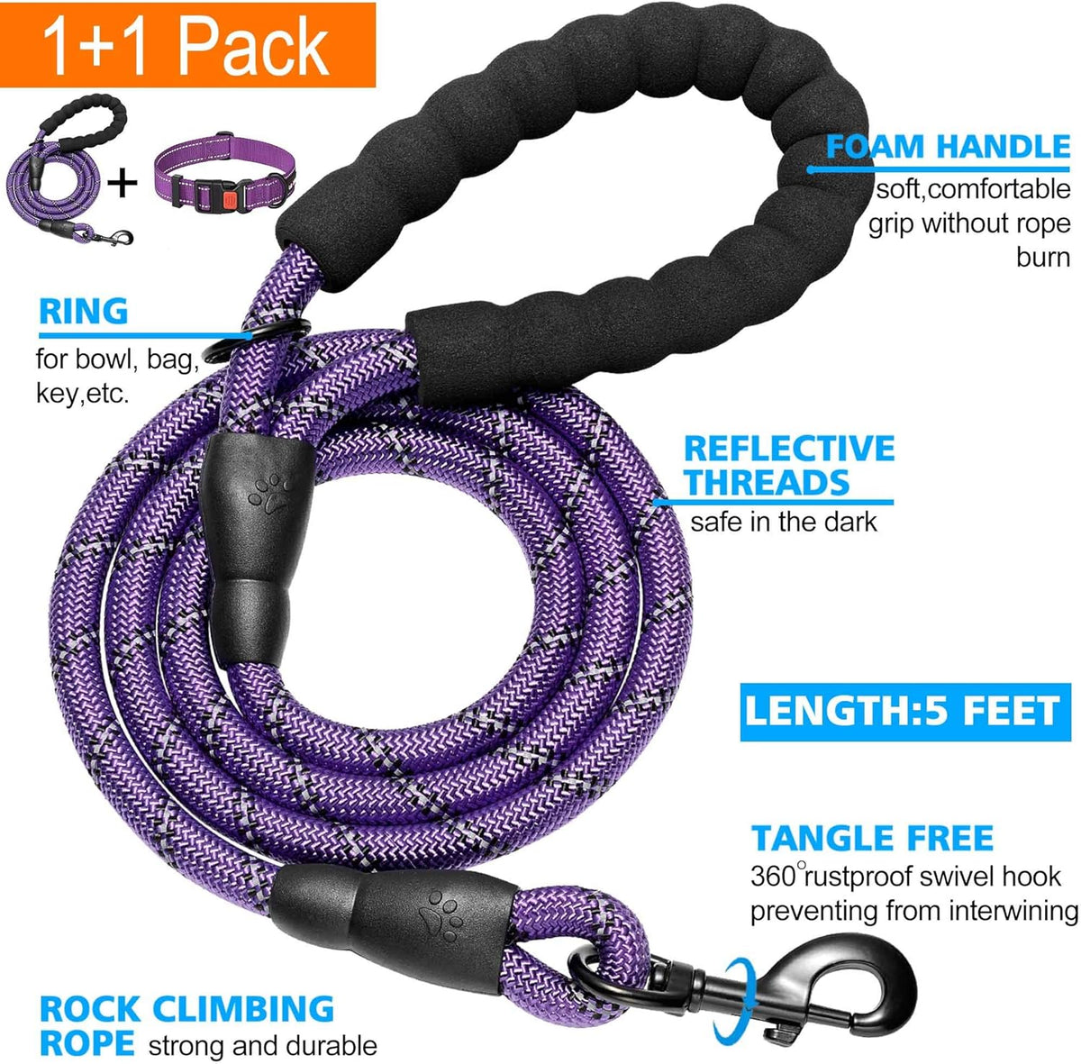 Heavy Duty Dog Leash - Comfortable Padded Handle, 5 ft Long - Dog Leashes for Small Medium Large Dogs (Leash+Collar L Neck 20"-25", Purple)
