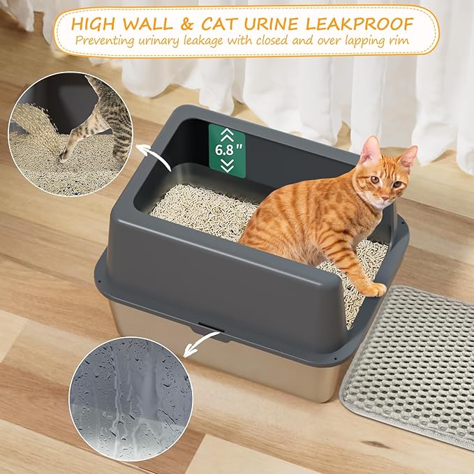 Stainless Steel cat Litter Box, Covered Metal Litter Box, cat Litter Pans with high Sides, Kitty Litter Boxes for Indoor Cats (Non Sticky, Easy to Clean, Anti-Urine Leakage) 17.5" L x 13.5" W x 6" H