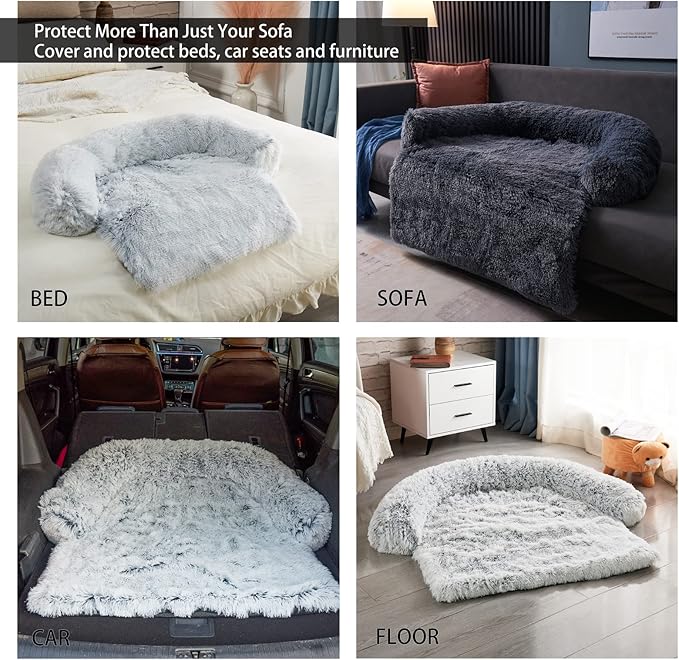 Yapudoo Plush Dog Bed Sofa Cover, Deluxe Plush Soft Pet Couch Protector Pet Beds, Couch Cover for Large Dogs, Removable Washable Anti-Slip Pet Bed with Memory Foam Neck Bolster Silver Gray Large