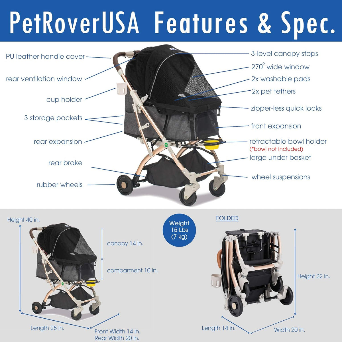 Lite Premium Light-Weight Dog/Cat/Pet Stroller Travel Carriage with Convertible Compartment/Zipper-Less Entry/1-Hand Quick Fold/Aluminum Frame for Small & Medium Pets (Black 2nd-Gen.)
