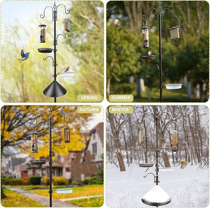 Deluxe Bird Feeding Station Kit - Wild Bird Feeder Hanging Pole With Multi Feeder, Suet Cage, Planter Hanger, and Squirrel Guard Baffle for Attracting Birds