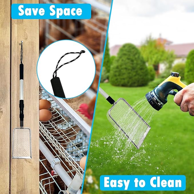 PINVNBY Stainless Steel Chicken Poop Scooper 3 in 1 Adjustable Long Handle Poop Scooper for Chicken(22.3" to 47.6") Multifunctional Chicken Coop Cleaning Tools Sifting Shovel Chicken Coop Accessories