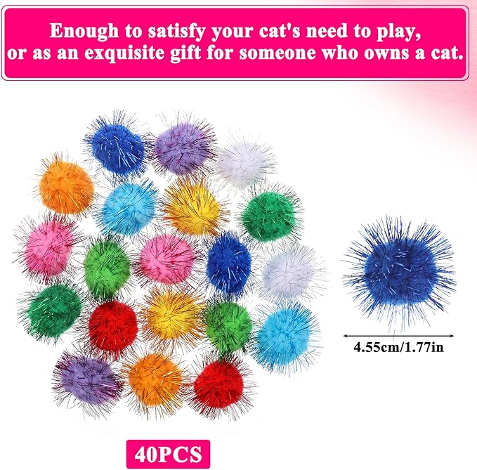 40 Pcs Pom Pom Balls for Kittens Colorful Pompom Balls for Cats Sparkle Ball for Cats Interactive Cat Toy Set for Exercise and Entertainment