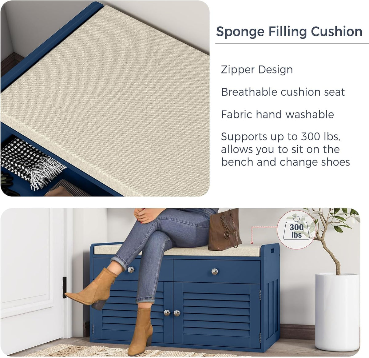 Shoe Storage Bench with 2 Drawers & 2 Doors, Entryway Bench with Cushion, 2 Adjustable Shelves, Shoe Cabinet for Entryway, Living Room, Hallway, Mudroom, Bedroom, Blue