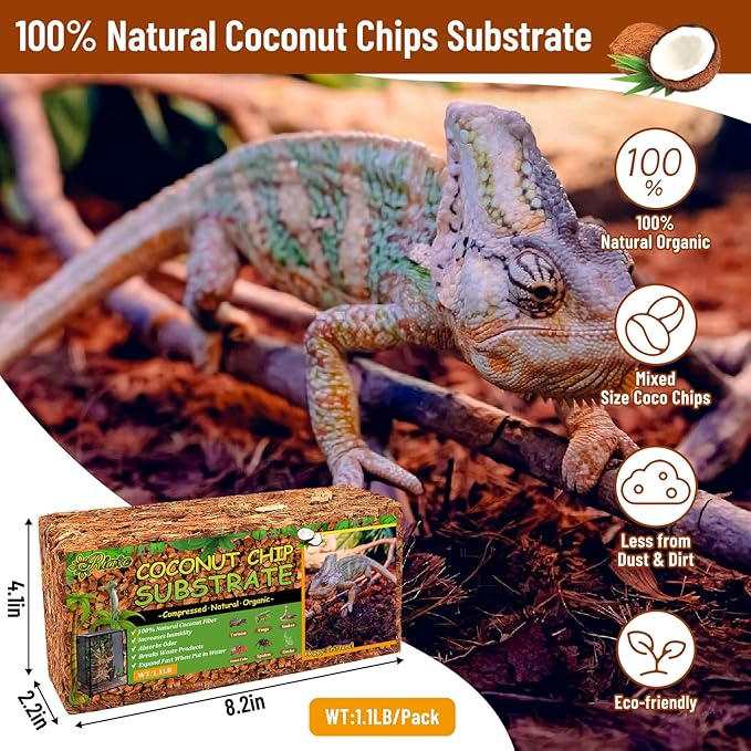 Riare 6 Pack Natural Coconut Chip Substrate for Reptiles- Compressed Coconut Husk Reptiles Bedding, Coco Husk Chip Terrarium Substrate for Snakes, Tortoises, Ball Python, Frogs, Bearded Dragon, Lizard