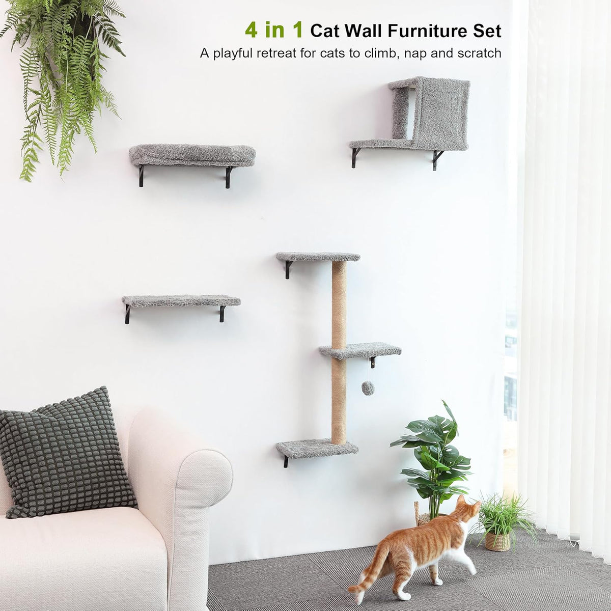 FUKUMARU Cat Wall Shelves, Stable & Safe 4 in 1 Cat Furniture Set, Wooden Climbing Wall with Scratching Post for 16 Inch Drywall - Light Gray