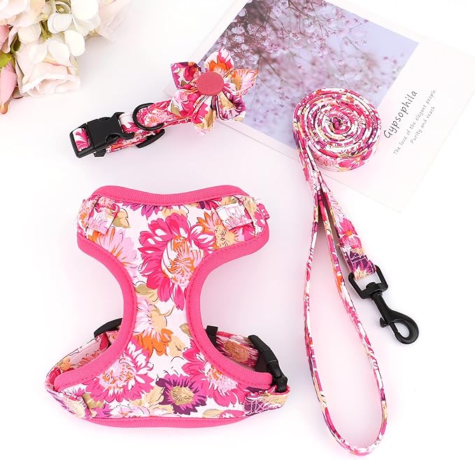 Beirui Cute Girl Dog Collars, Harnesses & Leashes Set - Adjustable Dog Collar and Leash Set with Flower - Soft Mesh Dog Vest Harness for Puppies Small & Extra Small Dogs Cats (Pink-2,XXS)
