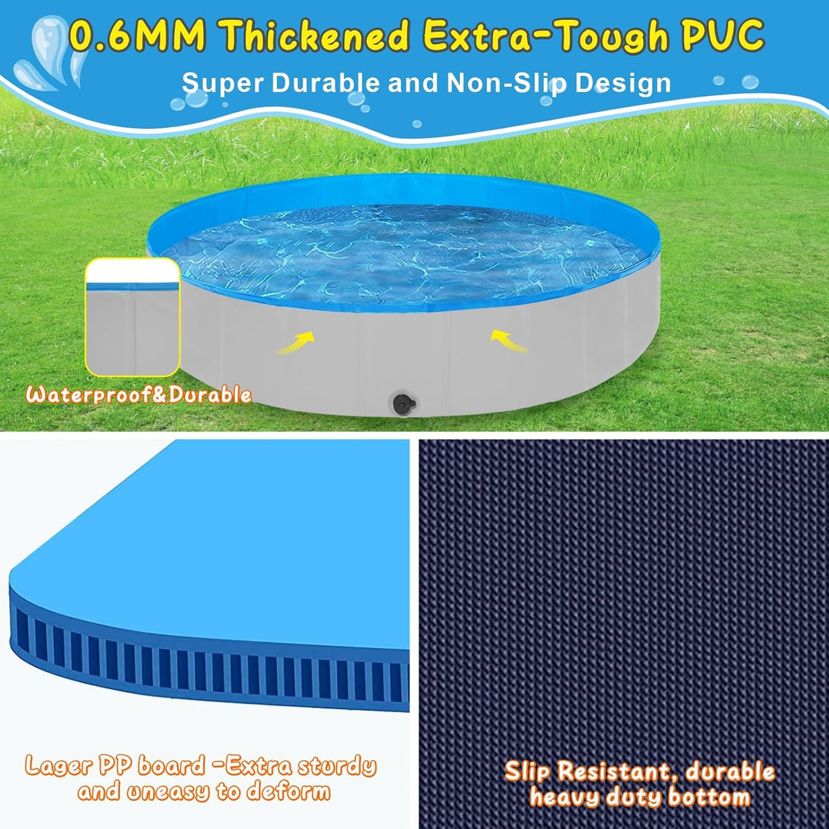Foldable Dog Pool, 63" Kiddie Pool Hard Plastic, Portable Dog Swimming Pool for Large Dogs, Collapsible Pet Wading Pool & Bath Tub Outdoor Kids Pool Anti-Slip