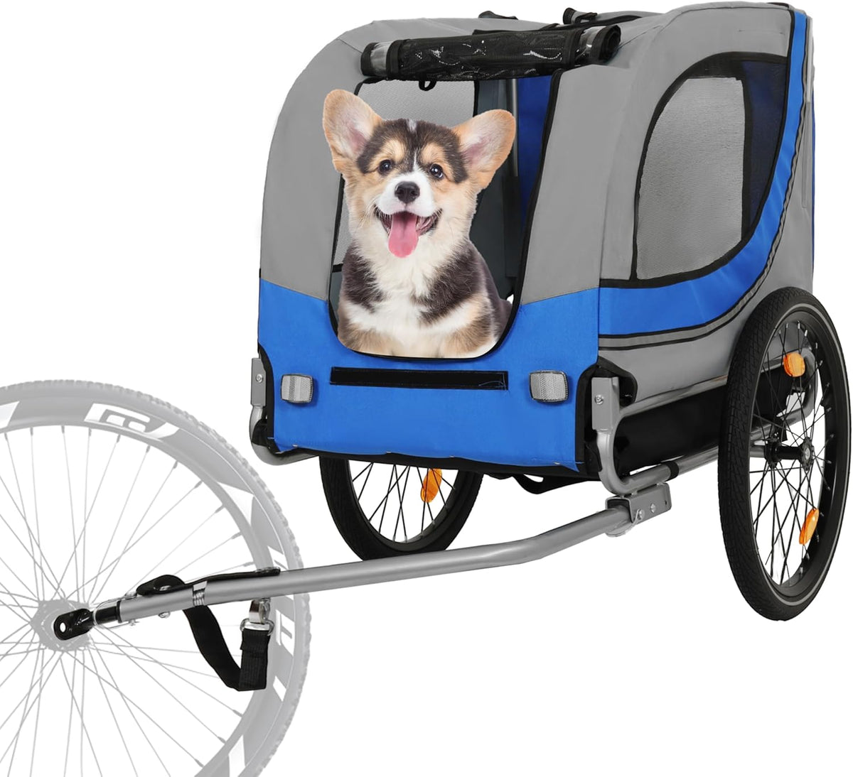 Blue-Grey Large Folding Bike Trailer for Dogs – Heavy-Duty Steel Frame, 66LB Capacity Pet Carrier for All-Terrain Cycling, Jogging & Camping Adventures!