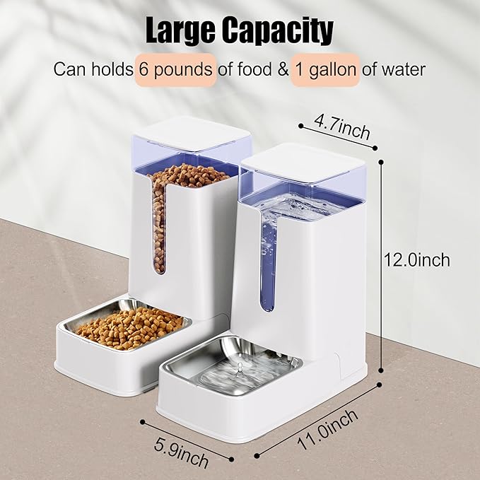 Automatic Cat Feeder and Cat Water Dispenser Set with Stainless Steel Bowls Gravity Dog Feeder for Small Medium Big Dog Pets Puppy Kitten, 3.8L x 2