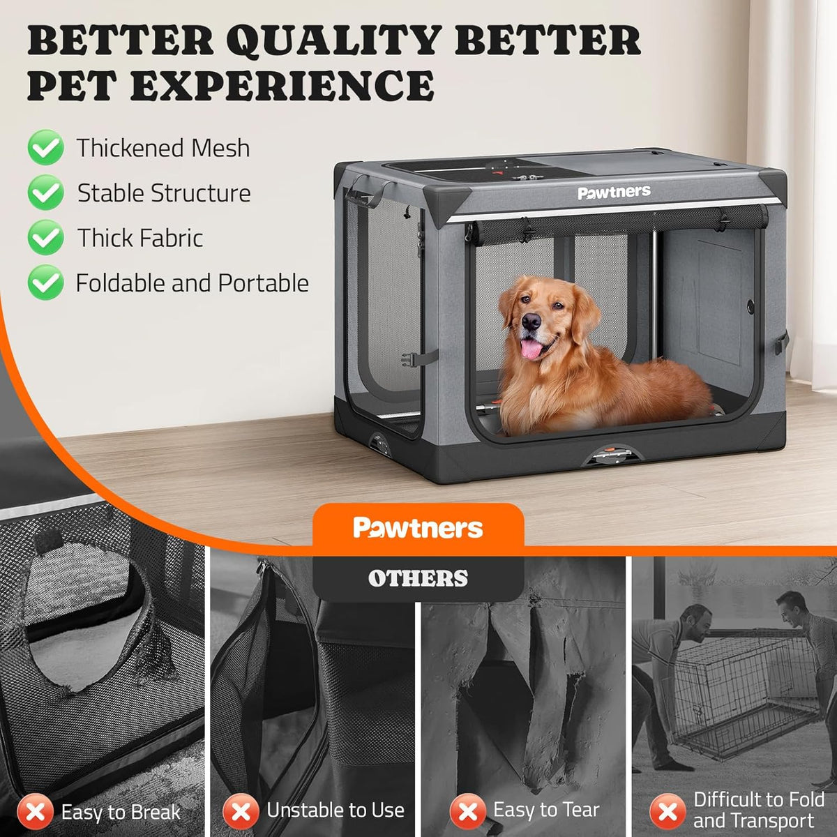 Collapsible Dog Crate: 42 Inch Foldable Soft Sided Dog Crate for Extra Large Dogs, Portable Dog Travel Kennel with Soft Mat for Indoors & Outdoors, Grey (42" L x 31" W x 31" H)