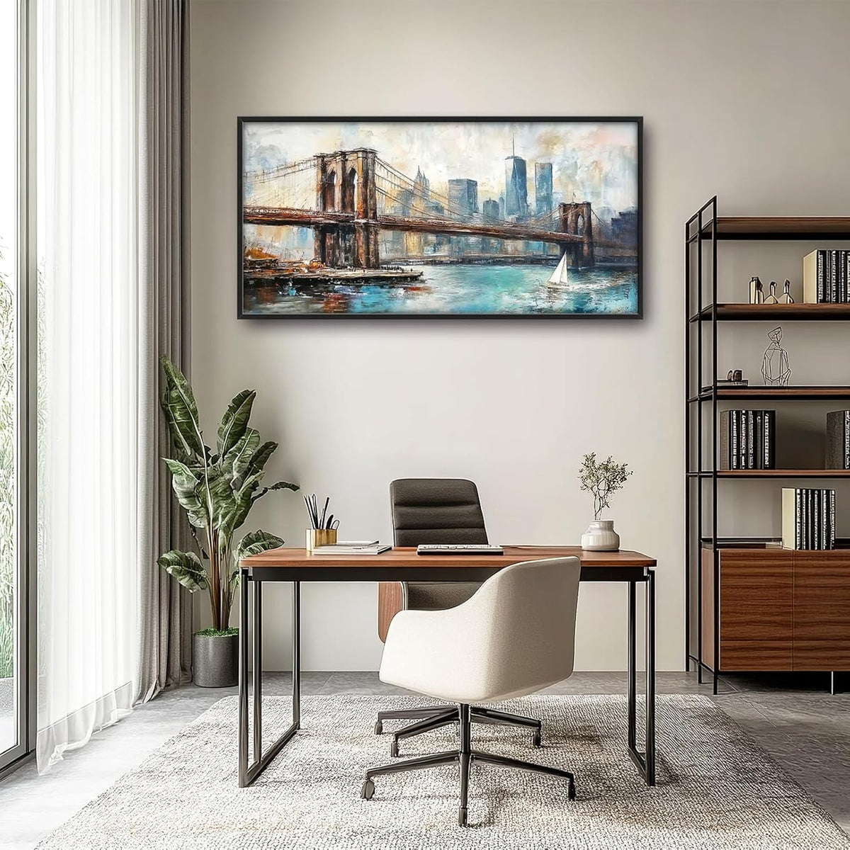 Extra Large Framed Brooklyn Bridge Wall Art,New York City Wall Decor,Abstract Skyline Cityscape Pictures for Living Room,Canvas Print Painting Modern Artwork Bedroom Office Bathroom 60L x30W