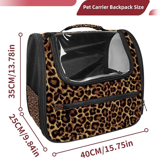 Portable Travel pet Backpack Carrier Hamster Bag Small Dog cat Carrier Breathable Hang Bag, Brown Leopard Print