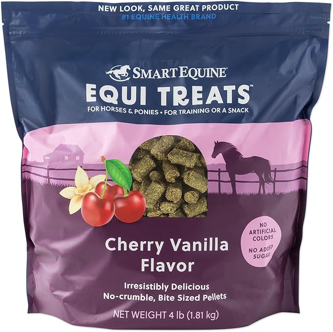 Uckele SmartEquine Equi Treats | Made with Timothy Grass & Sunflower Meal | High-Fiber Horse Treats | Low ESC & Starch | Bite-Sized | No Added Sugar | Cookies for Horses | 4 LB (4 LB, Cherry Vanilla)