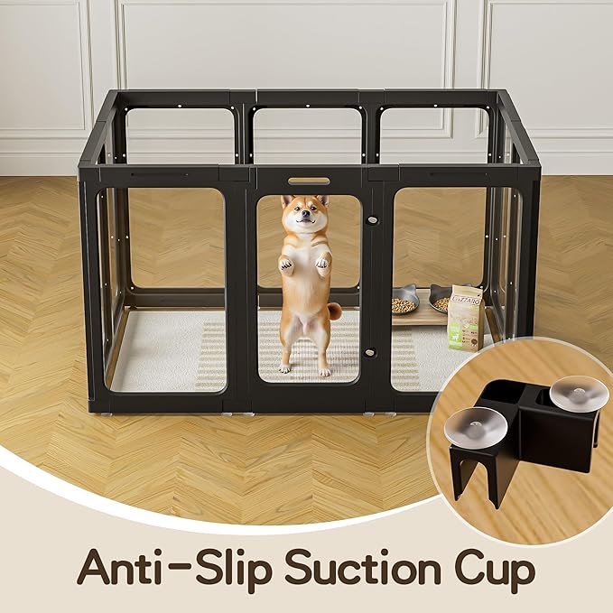 Jalove 30" H Clear Acrylic Plastic Dog Playpen Indoor, 10PCS for Puppy Cat Rabbit Ferret Transparent Pet Pen, Easy Assemble Whelping Crate Kennel Cage Enclosure, Ideal for Small to Medium Dogs, Black