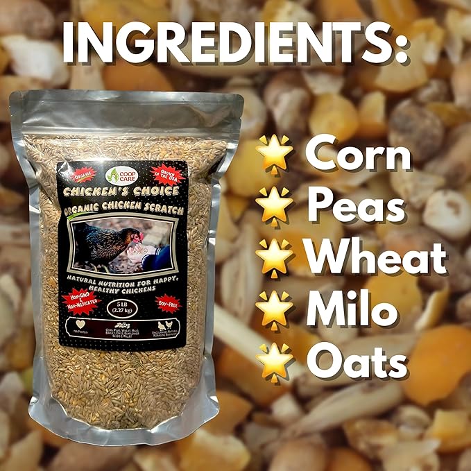 Chicken’s Choice Organic Chicken Scratch 5 lb Bag. Organic 5 Grain High Protein Premium Scratch Grain Treats & Food For Poultry, Duck & other Birds - Non-Gmo Chicken Feed, Soy Free Natural Ingredients