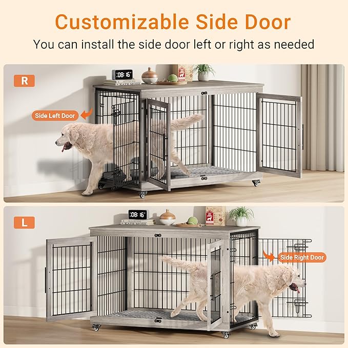 Lulive Dog Crate Furniture, XL Wooden Dog Kennel Indoor Double Doors Dog Cage, 44'' Heavy Duty Dog Crate with Cushion & Wheels, Decorative End Table Chew-Resistant for Extra Large/Medium, Grey