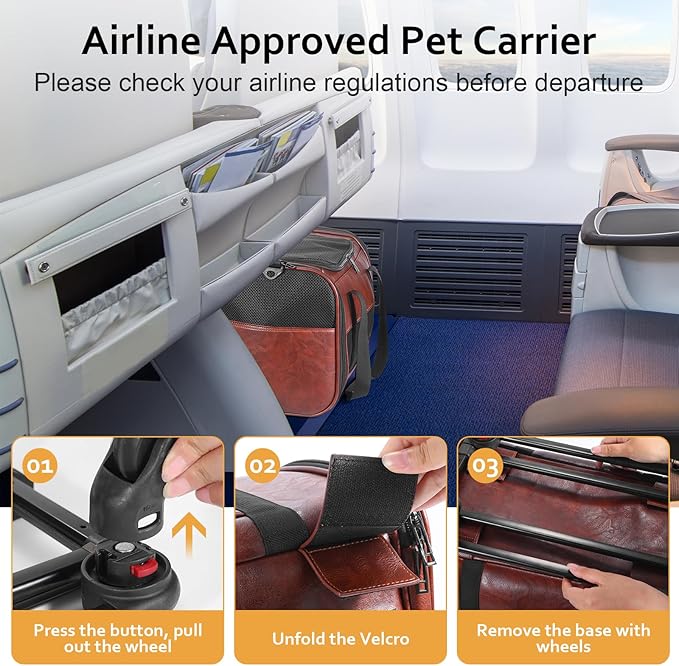 Airline Approved Pet Carrier with Wheels, Rolling Soft Sided Dog Cat Travel Bag, Premium Fashion Leather Small Pet Carrier Purse for Puppies and Cats Coffee