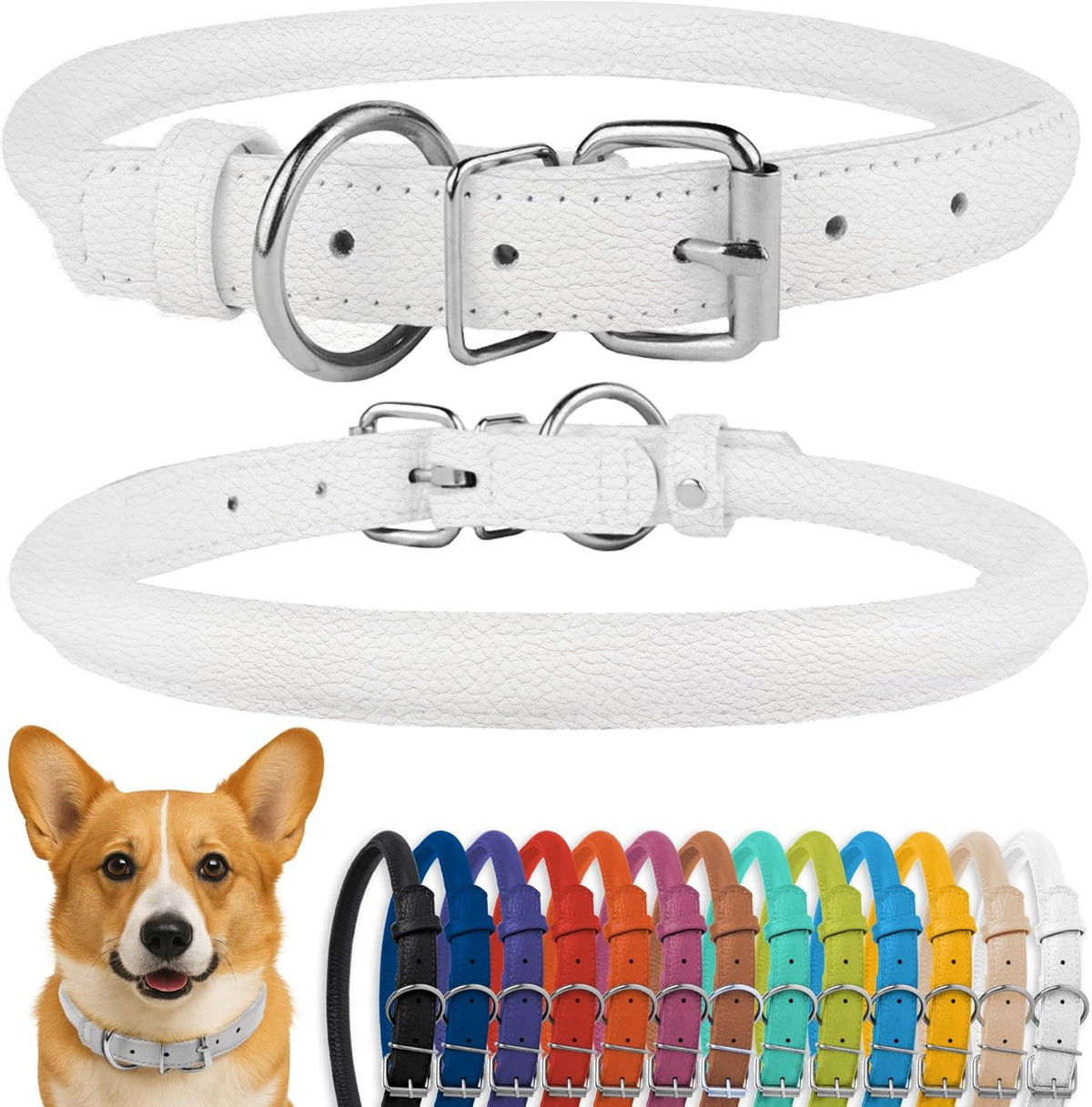 CollarDirect Rolled Leather Dog Collar, Soft Padded Round Puppy Collar, Handmade Genuine Leather Collar Dog Small Large Cat Collars 13 Colors (13-16 Inch, White Textured)