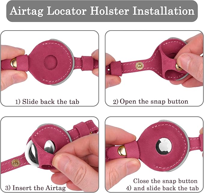 OOPSDOGGY Reflective Leather AirTag Cat Collar with Bell - Non Breakaway Adjustable Pet Collar with Apple Air Tag Holder - Lightweight GPS Kitten Collars for Small Dogs Puppy (Fuchsia)