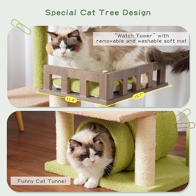 Cat Tree with Tunnel, Cat Tower for Indoor Cats, Tall Cactus Cat Tree Tower with Cat Condo, Food Station, Large Platform, Scratching Posts, Hammock, Green and Yellow GCT021GY