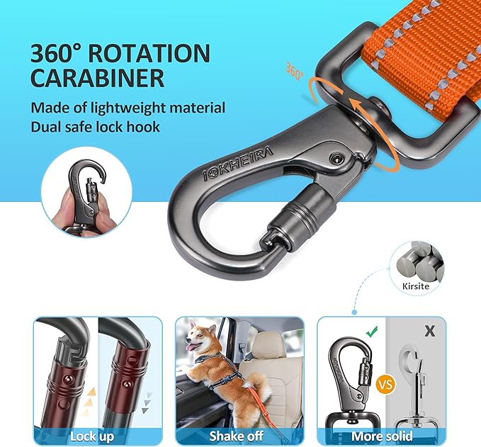 Dog Seat Belt 3-in-1 Car Harness for Dogs Adjustable Safety Seatbelt for Car Nylon Reflective Bungee Fabric Dog Car Harness with Clip Hook Latch & Buckle, Swivel Zinc Alloy Carabiner (Orange)