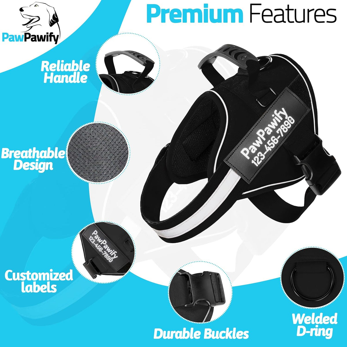 PawPawify Custom No Pull Dog Harness with Name and Phone Number, Heavy Duty Personalized Pet Vest to Prevent Tugging, Pulling, or Choking, Training and Walking (New Black, XS (5-9LBS))