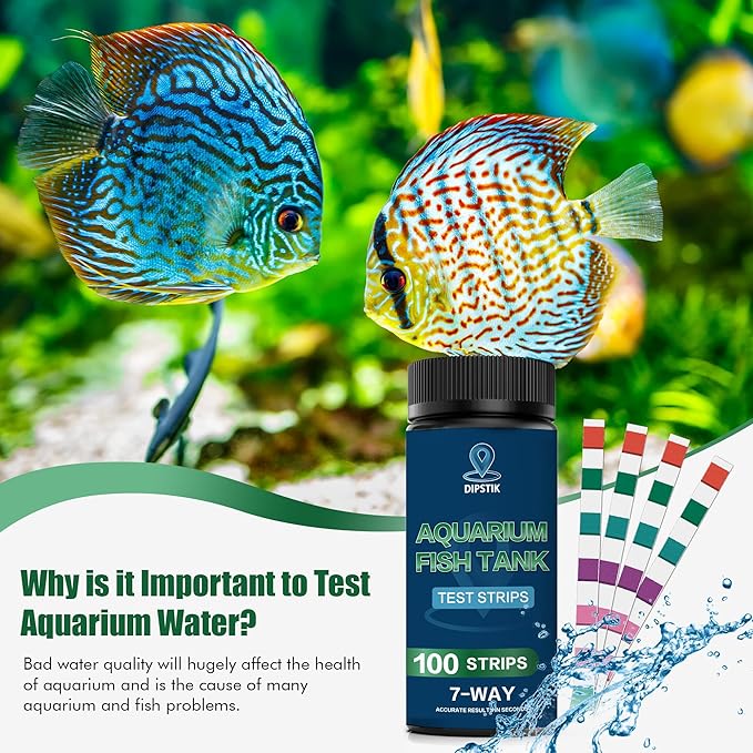 Aquarium Test Strips, 7-Way Freshwater Saltwater Fish Tank Pond Test Kit, 100 Strips, Nitrate, Nitrite, Chlorine, Hardness, Alkalinity, Carbonate, pH