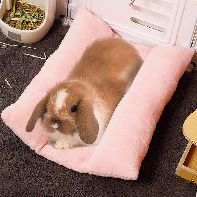 MEWTOGO 15.7 x 14In Rabbit Bed, Thickened Soft Bunny Bed, Cuddle Cushion Plush Mat with Cotton Lounger Pillows, Small Pet Flop Mat for Cage Sleeping Indoor, Pink