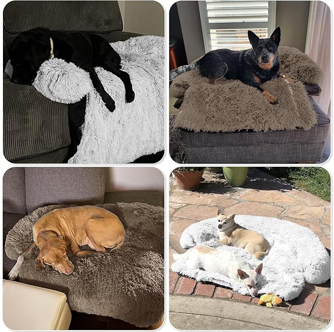 Calming Dog Bed Fluffy Plush Dog Mat for Furniture Protector with Removable Washable Cover for Large Medium Small Dogs and Cats (Extra Large (53x39.3x6), Camel)