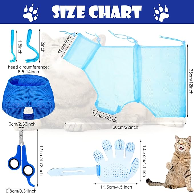 Patelai 5 Pcs Cat Bathing Bag Set Cat Grooming Bag Adjustable Pet Shower Net Muzzles Nail Clipper Tick Remover Tool Massage Brush(Blue)