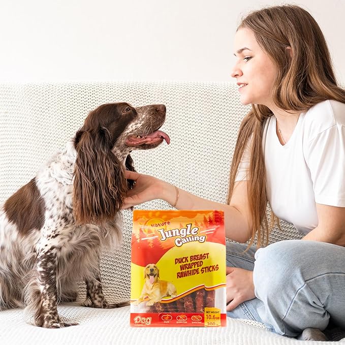 Jungle Calling Dog Treats, Duck Breast Wrapped Rawhide Sticks for Dogs, Grain-Free Natural Chewy Treats Picky Dogs, Puppy Chews Snacks,10.6 oz
