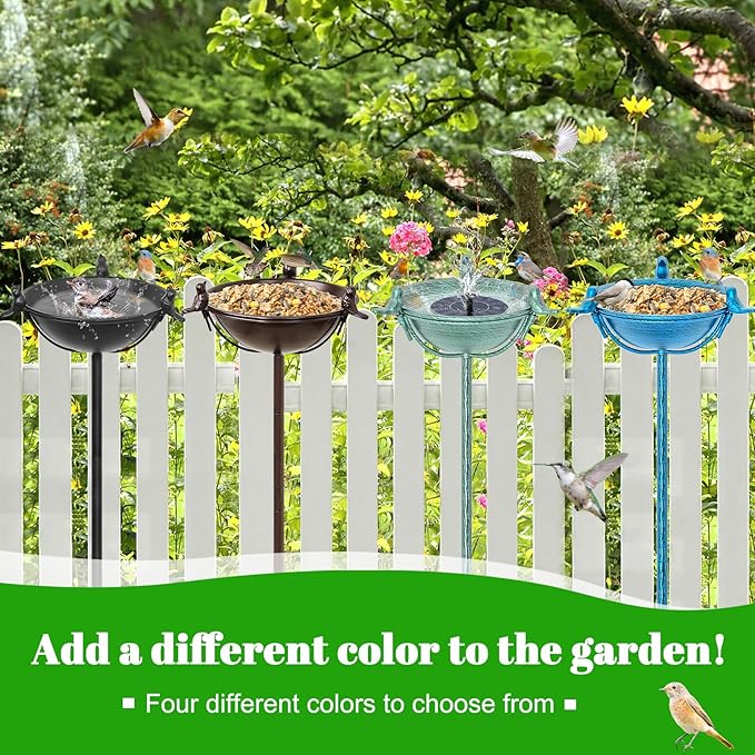 58In Freestanding Birdbaths Bowl Outdoor, Free Standing Garden Bird Bath Feeder Bowl with 3 Bird Statues, Birdbath & Birdfeeder with Metal Stake Garden Yard Lawn Decor (Retro Green)