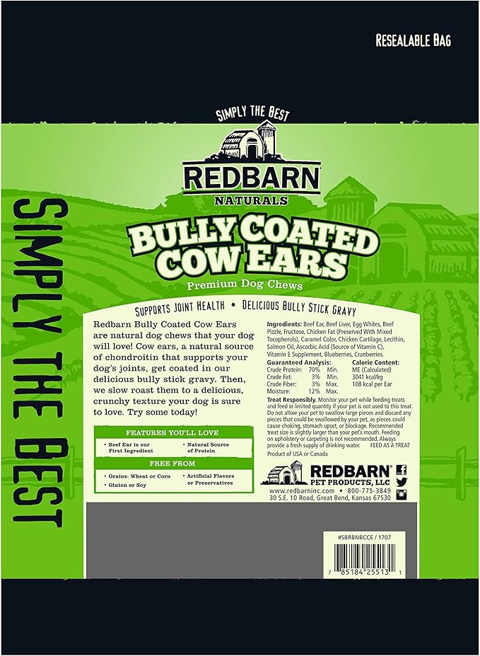Redbarn Pet Products All-Natural Bully Coated Cow Ears Chews for Dogs - Premium Crunchy Dental Treats with Chondroitin for Joint Health - Made in USA with No Artificial Ingredients - 4.2 oz Bag