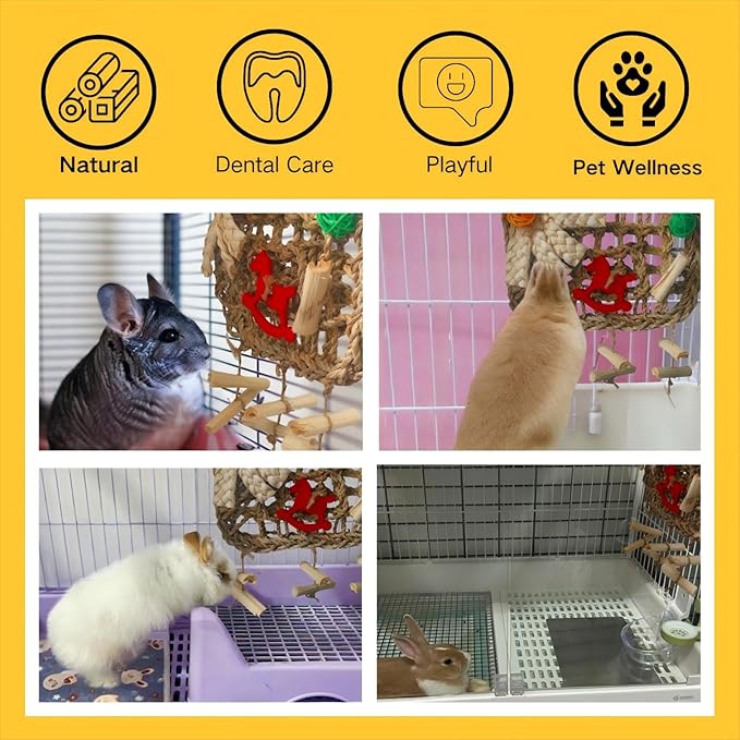 Rabbits Chew Toy,Bunny Cage Hanging Chew Toys and Treats,Grass with Sweet Bamboo for Guinea Pigs Chinchillas Hamsters Rats