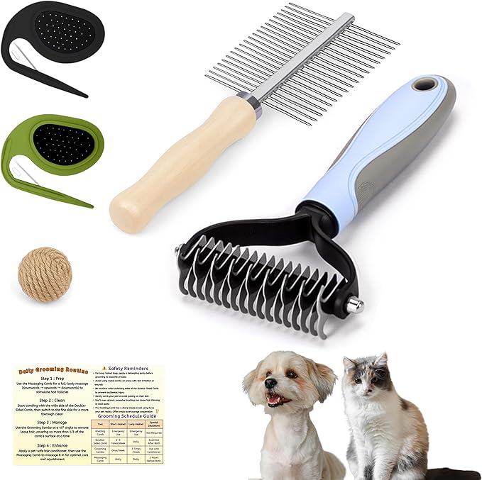 Upgraded Pet Knotting Comb Set – 2 Knotting Combs + 1 Shedding Comb + 1 Double-Sided Comb, Non-Slip Design, Detangling & Grooming Kit for Cats and Dogs