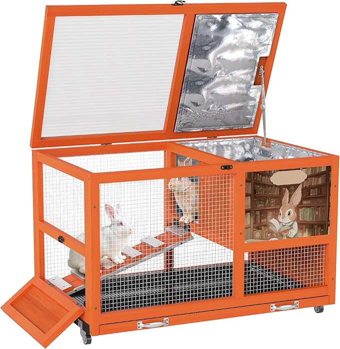COZIWOW 36.5-Inch Double-Decker Wooden Insulated Rabbit Hutch with Wheels, Heated Rabbit Cage Featuring A Cleaning Tray and Ladder—Stylish&Easy to Assemble（Orange and Warm）