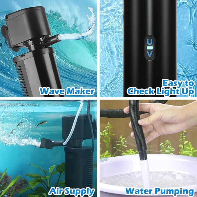 Aquarium Filter for 40-150 Gallon Tank, U-V Fish Tank Green Clean Machine Submersible Powerful Pump Canister Filter 400GPH for Pond Turtle Tank Saltwater Freshwater Crystal Clear Green Killing