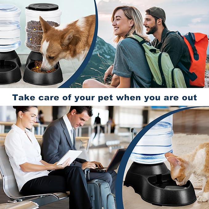 2 Pack Automatic Cat Feeder and Water Dispenser in Set Pet Food Bowl for Small Medium Dog Pets Puppy Kitten Big Capacity 1 Gallon x 2 (Dark Black)