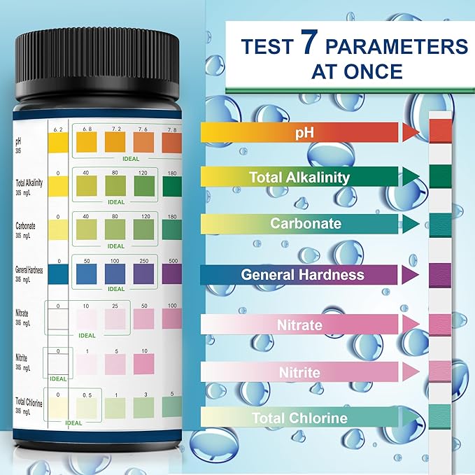 Aquarium Test Strips, 7-Way Freshwater Saltwater Fish Tank Pond Test Kit, 100 Strips, Nitrate, Nitrite, Chlorine, Hardness, Alkalinity, Carbonate, pH