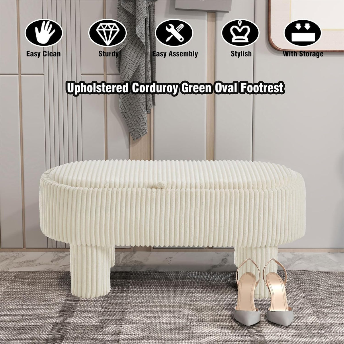 Corduroy Storage Ottoman Bench, 43" Upholstered Oval Footrest with Hidden Storage, Modern Design with Solid Wood Legs for Bedroom, Living Room, and Entryway Furniture, White