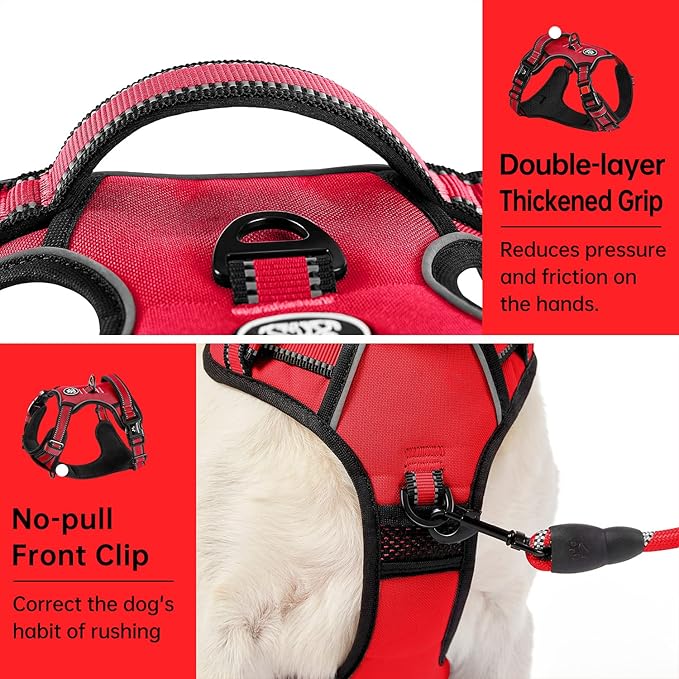 IVY&LANE No Pull Dog Harness for Large Dogs, Dog Vest Harness with Leash, Safety Belt and Storage Strap, Fully Adjustable Harness, 360° Reflective Strip, Soft Handle (Red, XL)