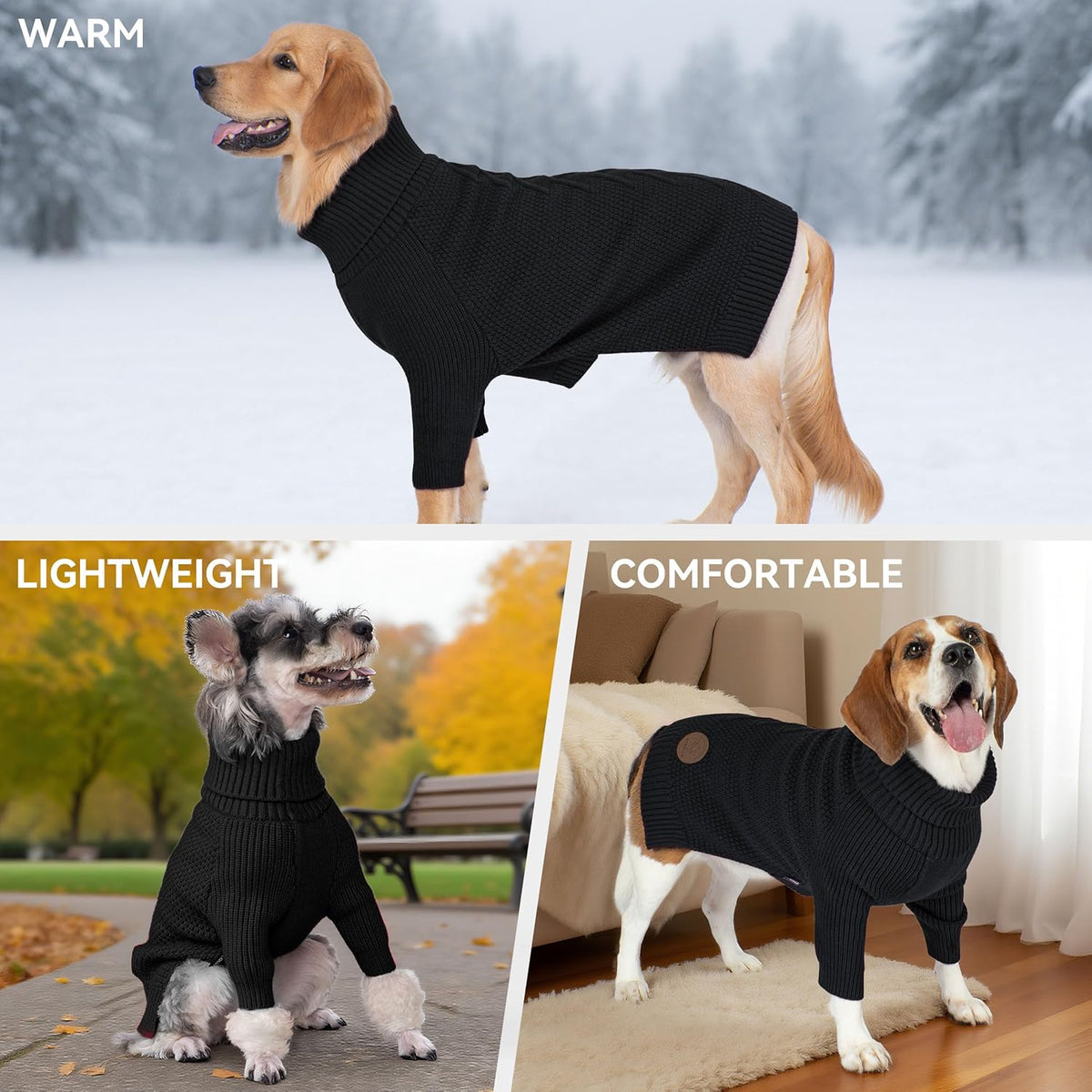 cyeollo Fleece Dog Sweaters for Medium Dogs Male, Stretchy Warm Turtleneck Doggy Clothes for Fall Winter Pullover Doggie Jacket Boy Thermal Knit Pet Apparel with Sleeves, Black XL