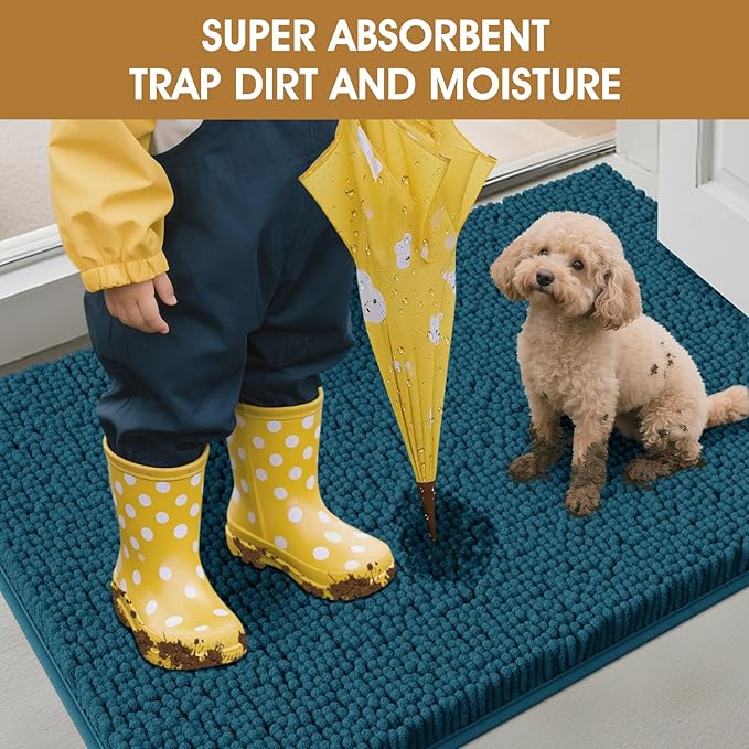 IM HOME Extra Large 60" x 36" Teal Blue Dog Door Mats for Muddy Paws, Chenille Absorbent Dog Mat, Non Slip Heavy Mud Mat for Dogs, Soft Pet Bed Mat for Entryway, Mud Paws, Inside Floor