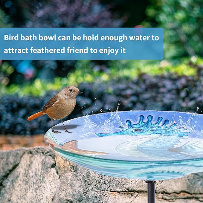MUMTOP Bird Baths for Outdoors, Glass Birdbath Birdfeeder Bowl with Metal Stake for Outside Garden Yard Lawn Seahorse Decor