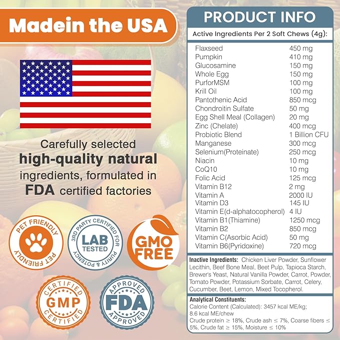 24-in-1 Dog Vitamins and Supplements 300 Ct Dogs Multivitamin Chewable Contain Chondroitin Probiotics Omega-3 Glucosamine for Dogs Skin Coat Heart Joint Gut Liver Brain Eyes Immune Support - Chicken