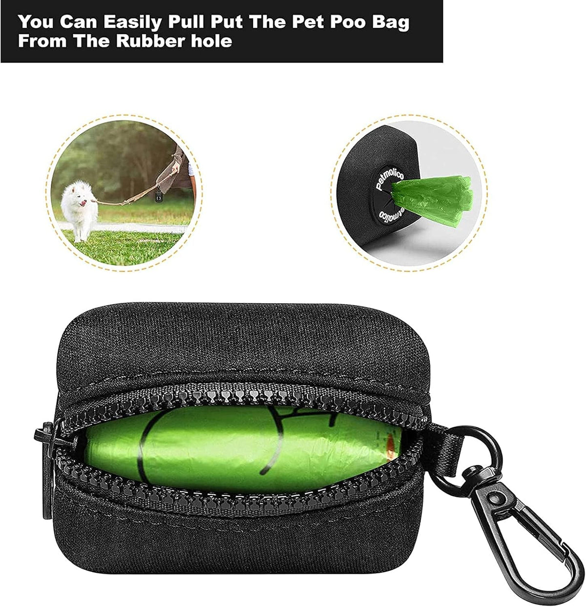 Petmolico Dog Poop Bag Holder Leash Attachment, Dog Waste Bag Dispenser Zippered Pouch, Fits Any Puppy Leash, Includes Free Roll of Poop Bags, Poop Bag Dispenser - 2 Pack, Black