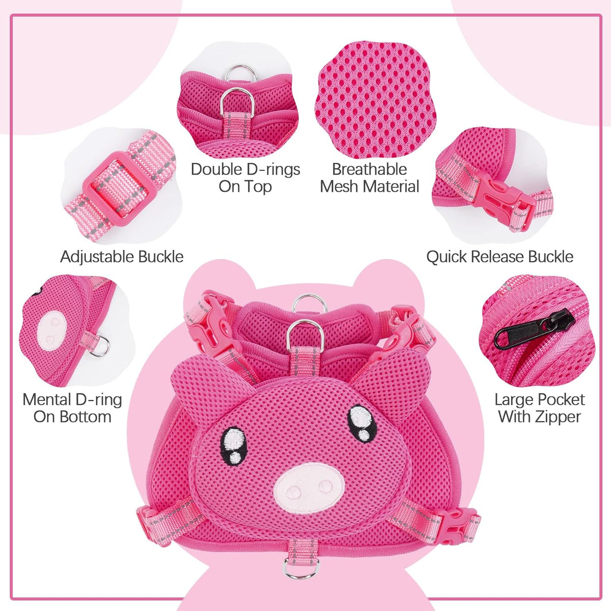 IDOMIK Dog Backpack Harness, No-Pull Dog Backpack with D-Ring for Small Medium Dogs, Cute Self Carrier Backpack for Dogs to Wear, Adjustable Dog Harness Backpack for Traveling Camping Hiking,Pig,S