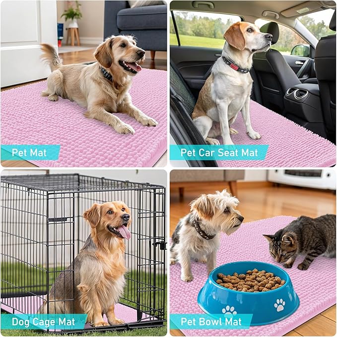 OLANLY Dog Door Mat for Muddy Paws 47x32, Absorbs Moisture and Dirt, Absorbent Non-Slip Washable Doormat, Quick Dry Chenille Mud Mat for Dogs, Entry Indoor Entryway Carpet for Inside Floor, Pink